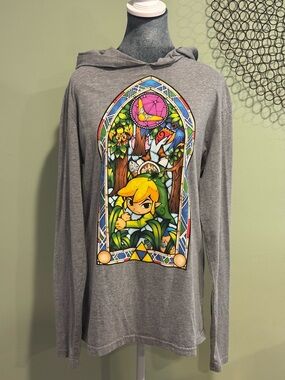 Zelda Wind Waker Hoodie XL Nintendo Link Stained Glass Graphic Gray